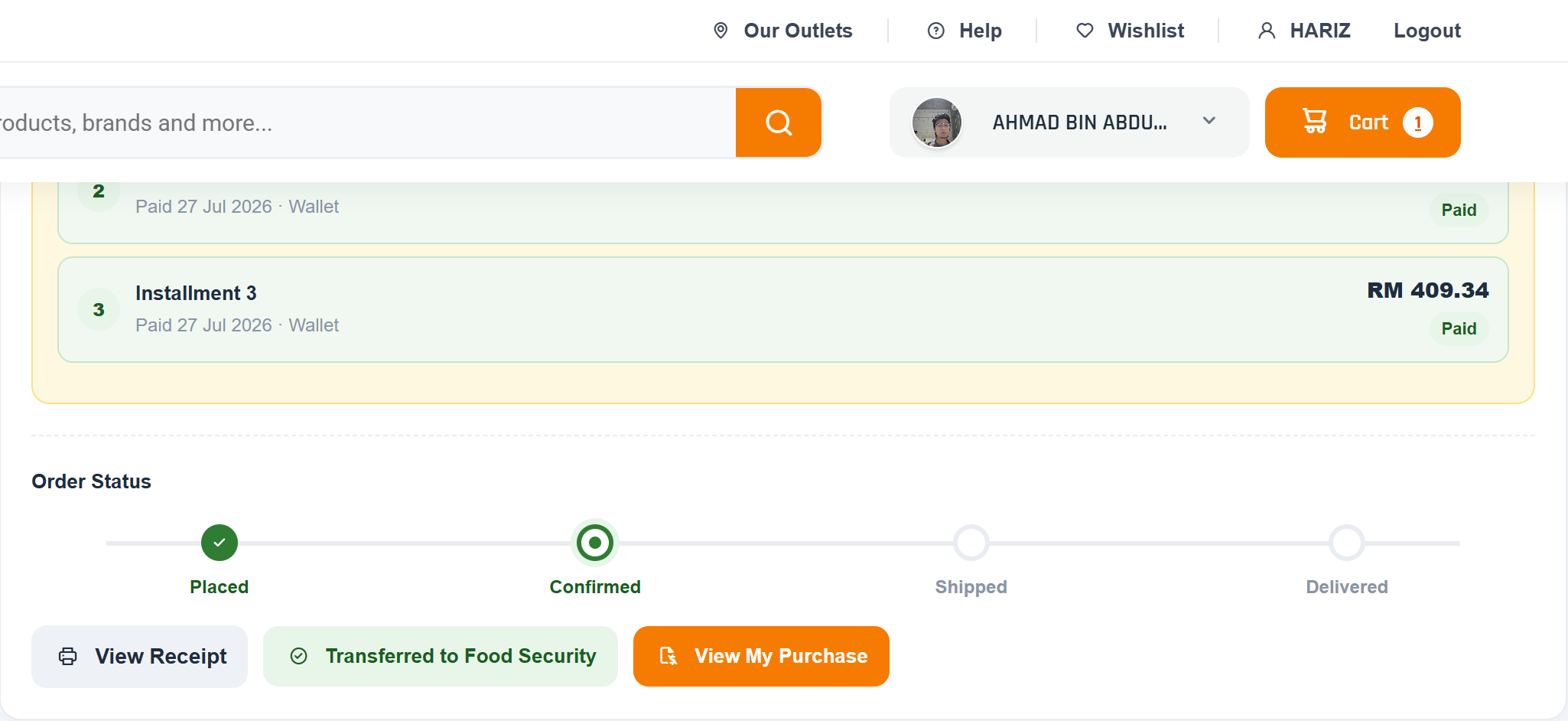 My Orders list with status tracker