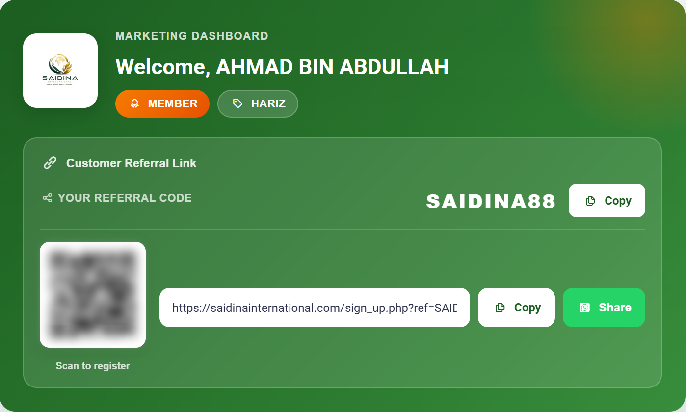 Referral Code and Sponsor Link