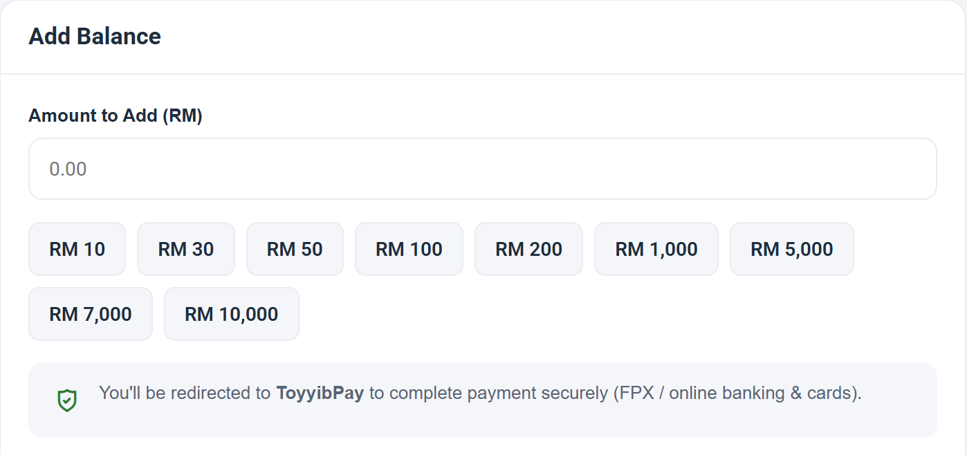 Top-up amount and quick buttons