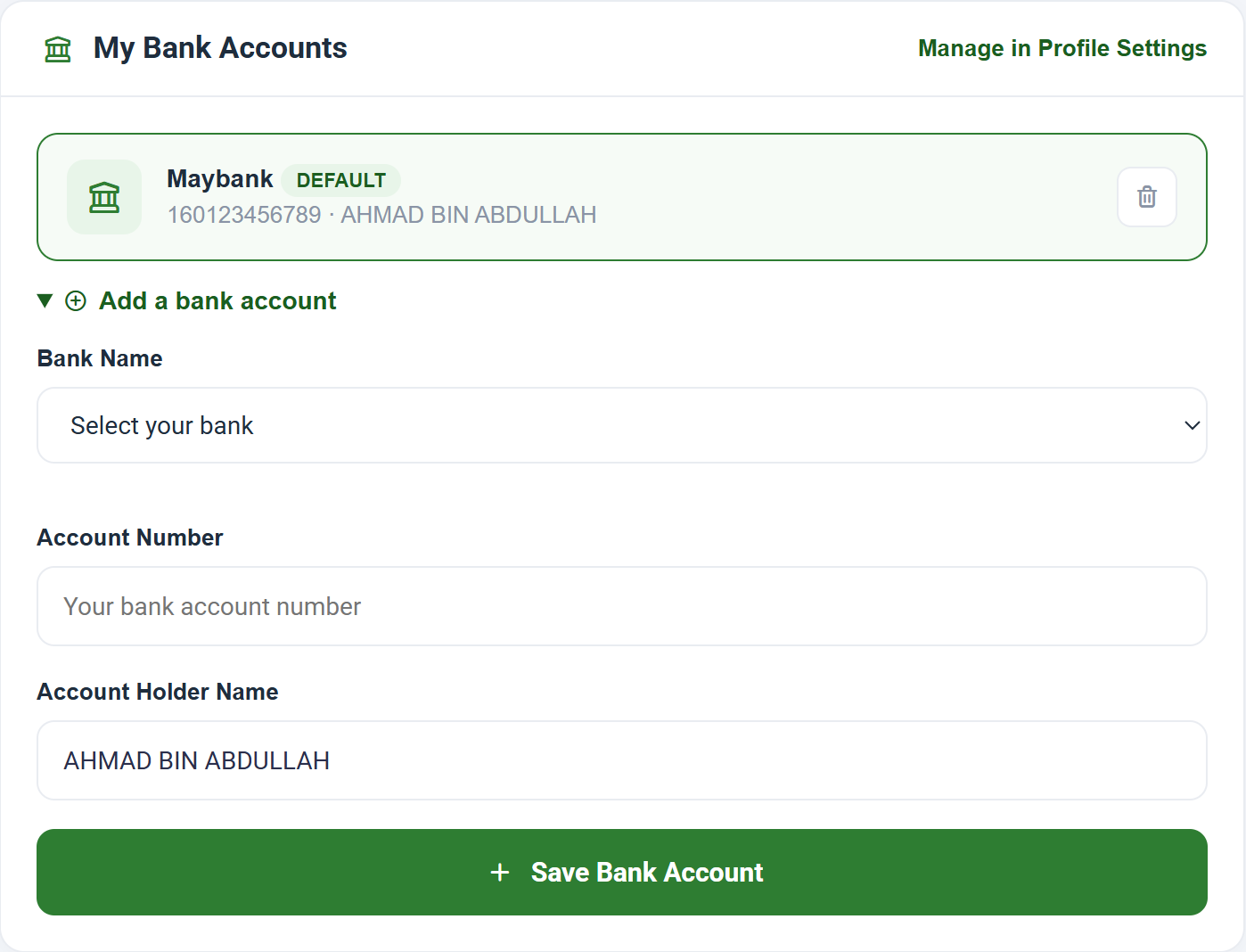Add bank account form